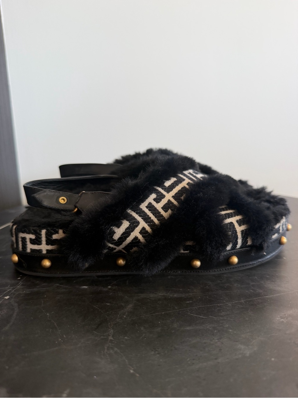 Balmain Black Faux-Fur Logo Crossover Slingback Slides